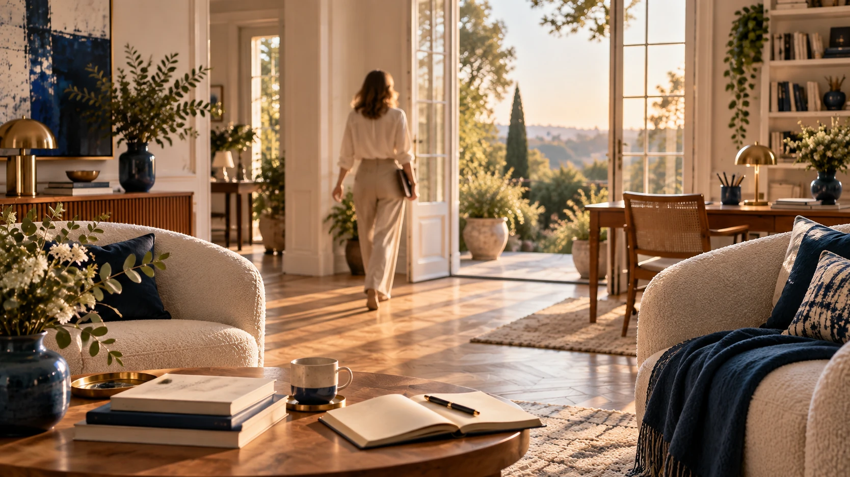 Une femme avance vers les portes ouvertes d’un intérieur lumineux et chaleureux.